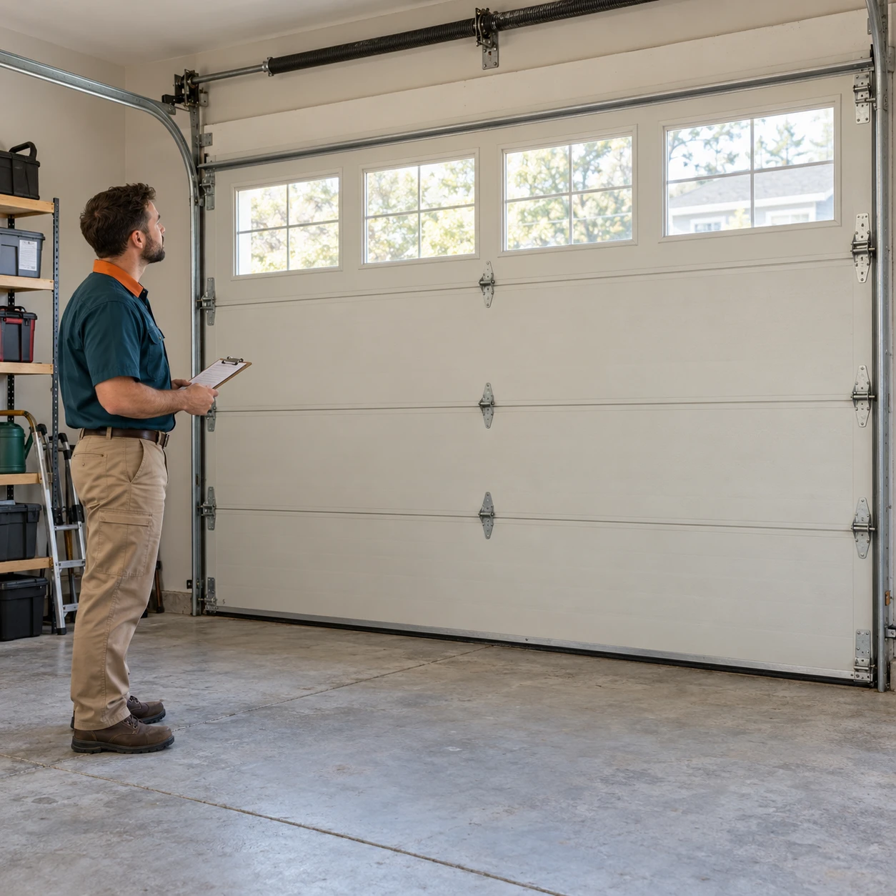 Illustrative mechanic inspecting garage-door hardware