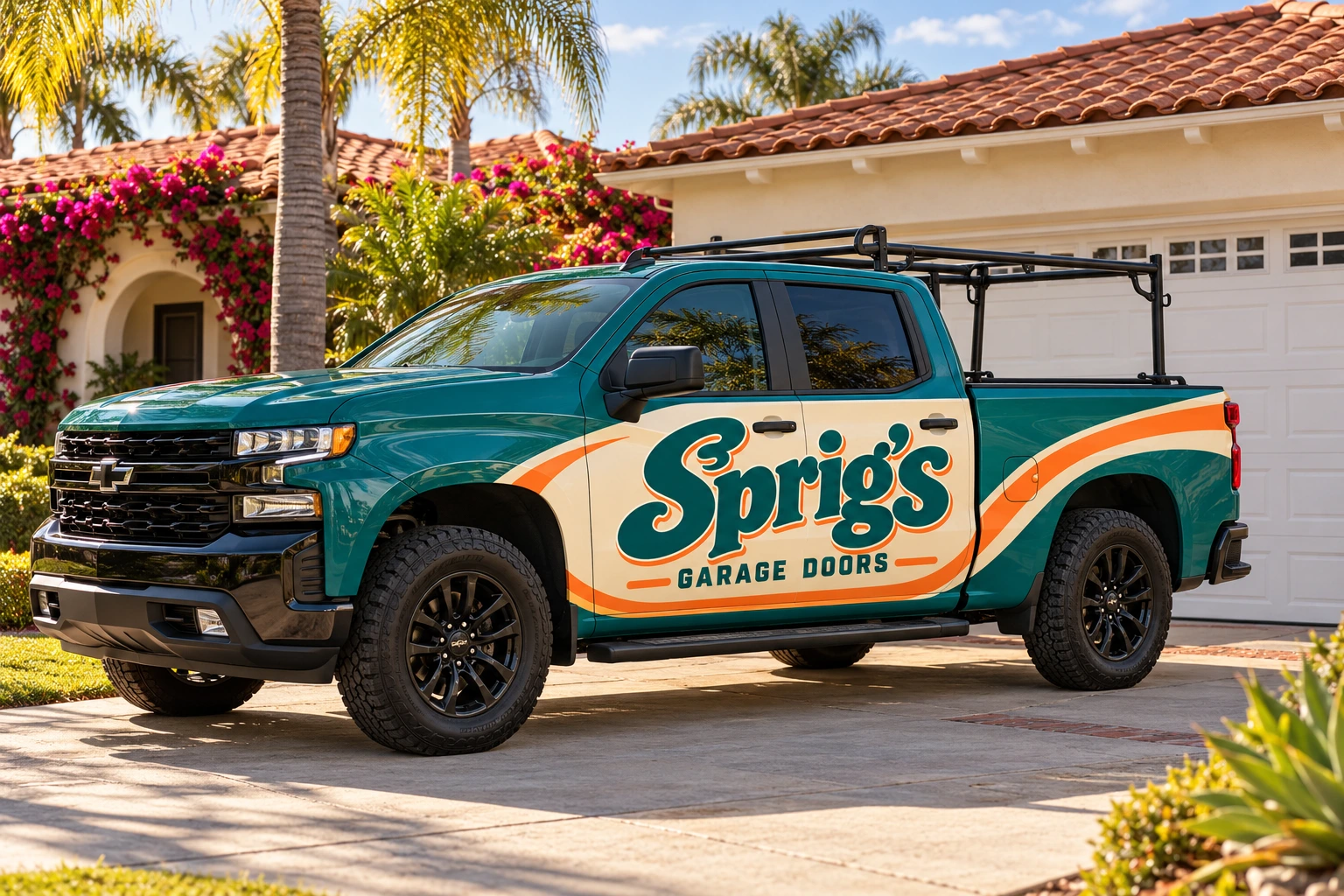 Illustrative teal, cream and orange Sprig’s-wrapped pickup parked in front of a garage, with no people